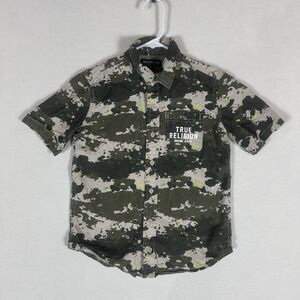 True Religion Camo Button Up Shirt Boys Small Casual Short Sleeve Top Green S/S